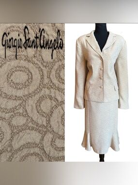 Taupe Jacquard Jacket & Skirt Set Peplum Flounce Hem (14W)